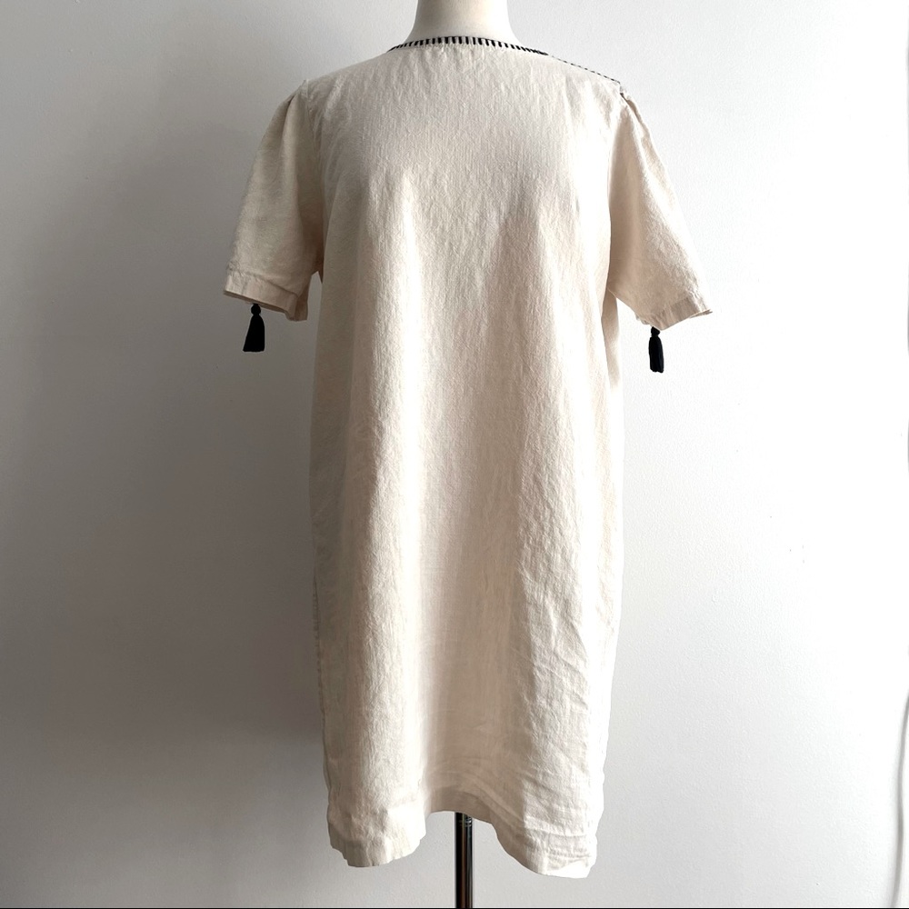 BONSUI Linen with Black Tassels & Trim Dress M
